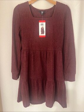 Frye Women’s Ribbed Burgundy/Dark Red Long-Sleeve Tiered Dress-SZ M